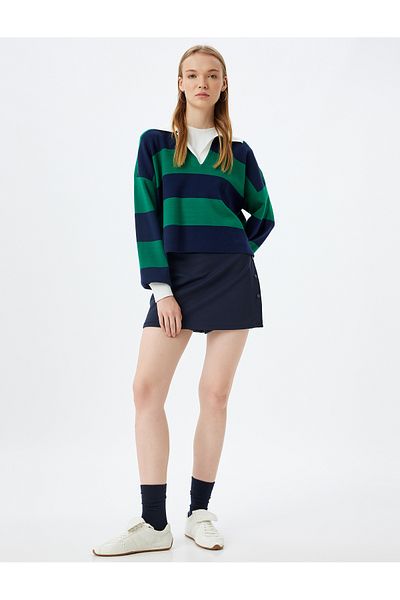 Koton Color Blocked Polo Collar Long Sleeve Sweater