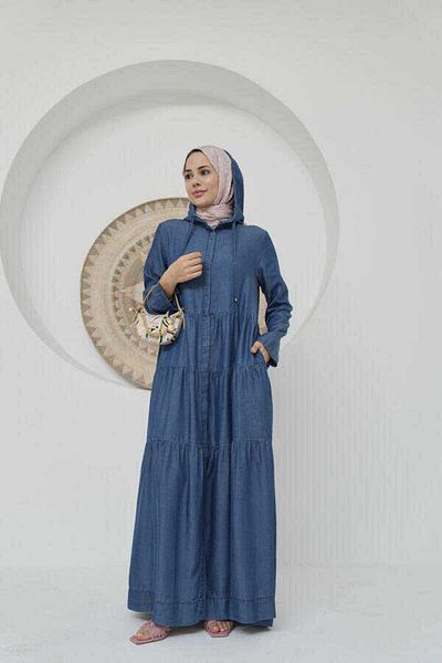 Neways 6649-Hooded Gathered Dress Dark Blue