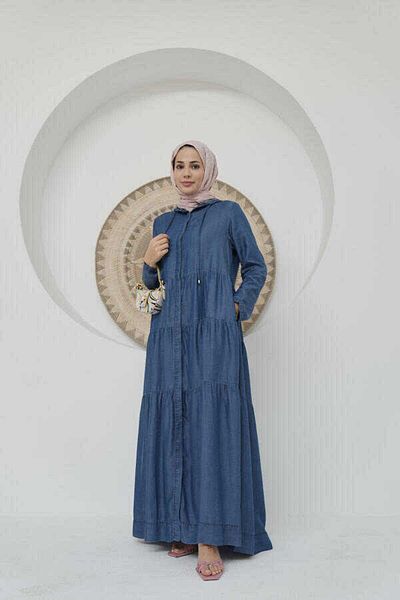 Neways 6649-Hooded Gathered Dress Dark Blue