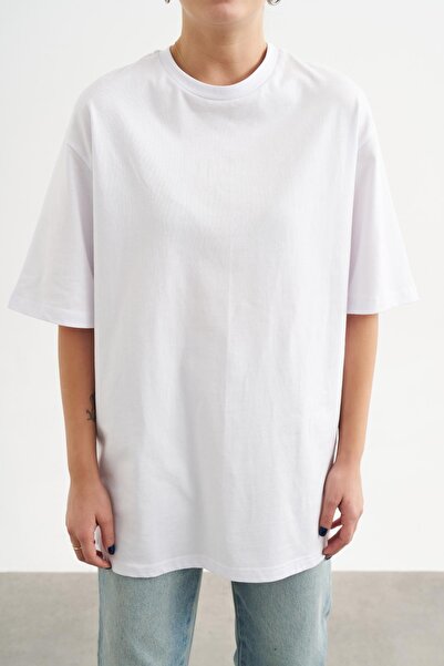 Askı Nişantaşı Λευκό Crew Neck Oversize Basic Tshirt