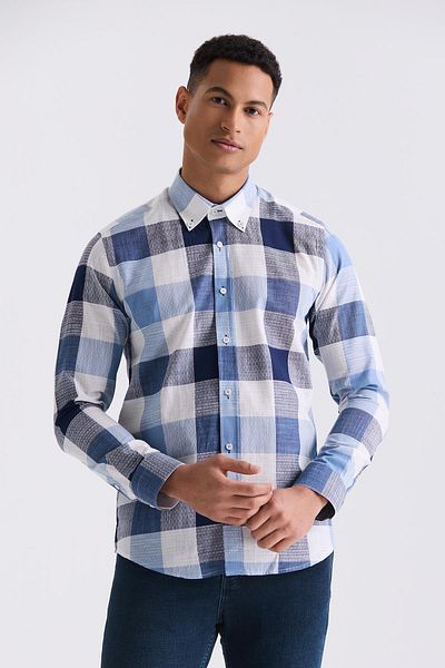 Jakamen Тъмносиня риза Slim Fit с яка с копчета и каре, 100% памучен десен