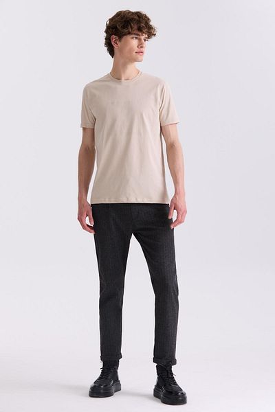 Jakamen Μπεζ Slim Fit T-Shirt με Στρογγυλή Λαιμόκοψη