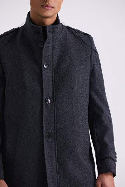 Jakamen Anthracite Regular Fit Judge Collar Epaulette Woolen Stamp Coat