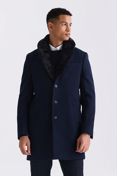 Jakamen Μπλε Navy Regular Fit Αποσπώμενος Γιακάς Μάλλινο Κασμίρ Παλτό