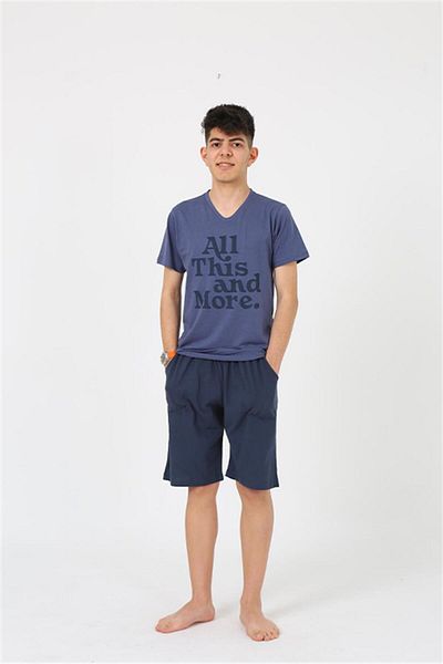 Akbeniz Men's Young Waiter Boy Short Sleeve Navy Blue Combed Cotton Shorts Pajama Set 20377
