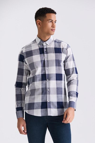 Jakamen Тъмносиня риза Slim Fit с карирани деколтета, 100% памук