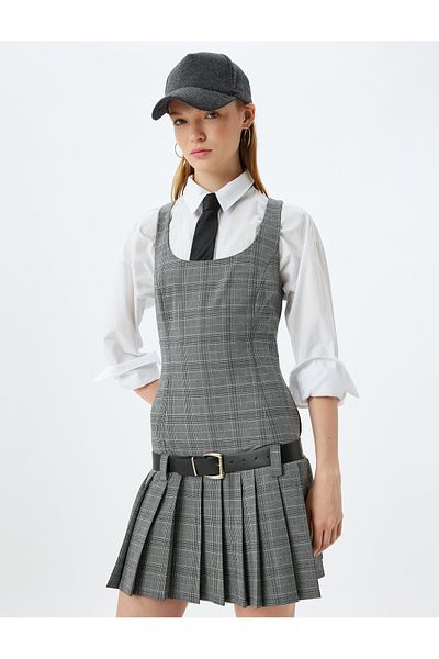 Koton Μίνι Gilet Φόρεμα με Ζώνη U-Neck - Πλισέ Αμάνικο Slim Fit