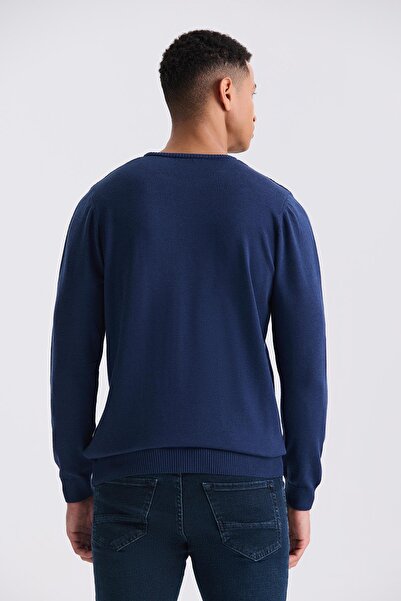 Jakamen Indigo Slim Fit Crew Neck Patterned Knitwear Sweater