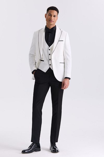 Jakamen White Slim Fit Pointed Collar Vest Tuxedo Suit