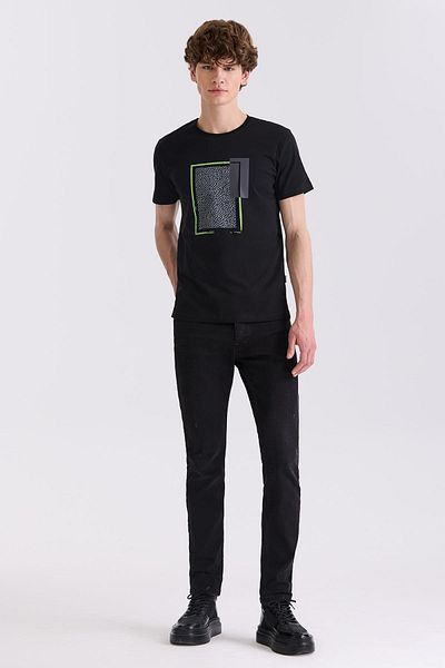 Jakamen Μαύρο Slim Fit T-shirt με Στρογγυλή Λαιμόκοψη
