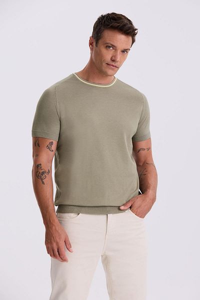 Jakamen Μπλουζάκι με λαιμόκοψη πλεκτό χακί Slim Fit