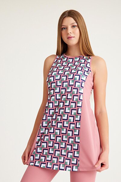 Signature Style 2243 Model Pink Geometric Printed Lycra Lined Sea and Pool Swimsuit - Hanging