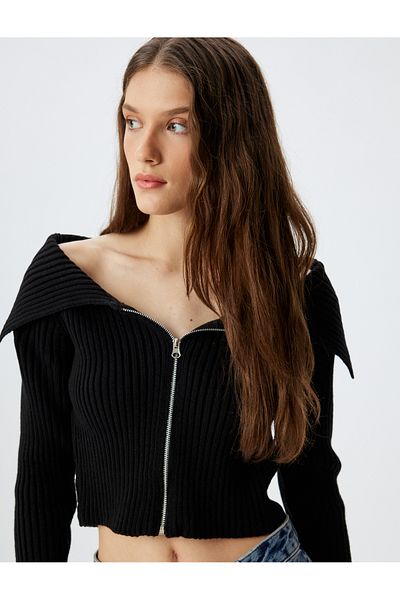 Koton Cardigan din tricot cu umăr deschis - mânecă lungă cu fermoar