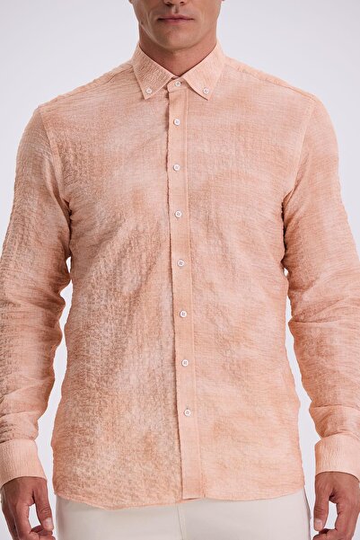 Jakamen Orange Comfort Fit Seersucker Fabric Buttoned Collar Patterned Shirt