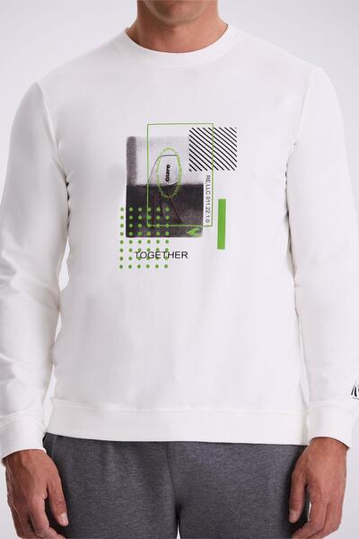 Jakamen Φούτερ από 100% βαμβάκι με στάμπα Ecru Slim Fit με λαιμόκοψη ποδηλάτου