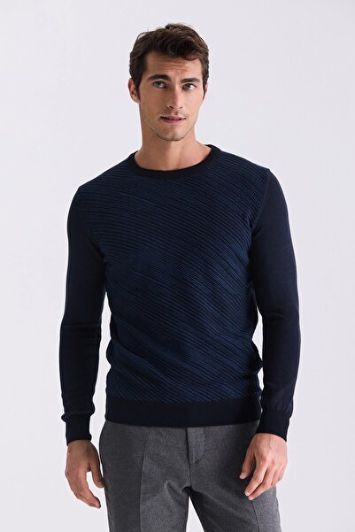 Jakamen Navy Blue Slim Fit Crew Neck Patterned Knitwear Sweater