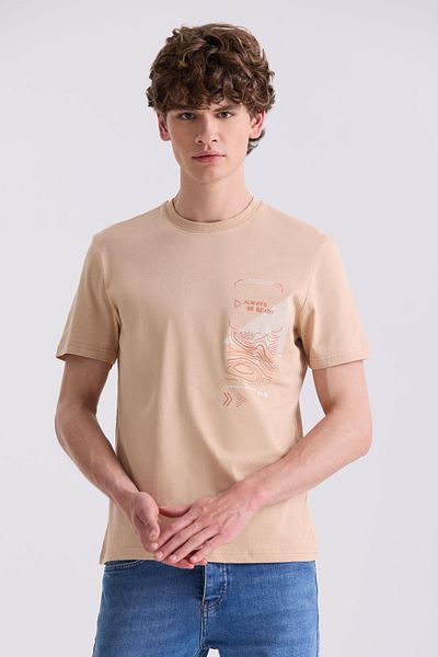 Jakamen Μπεζ Slim Fit T-Shirt με Στρογγυλή Λαιμόκοψη