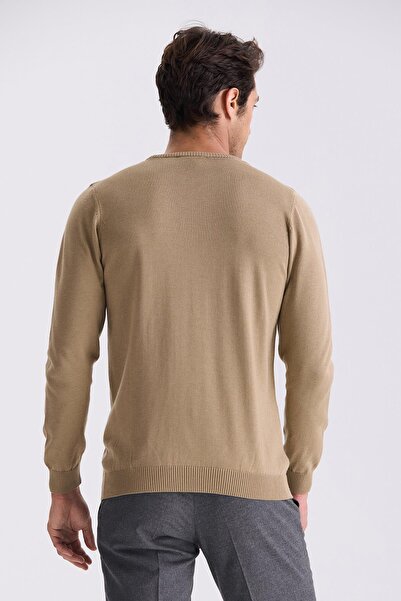 Jakamen Bej Slim Fit Bisiklet Yaka Desenli Triko Kazak