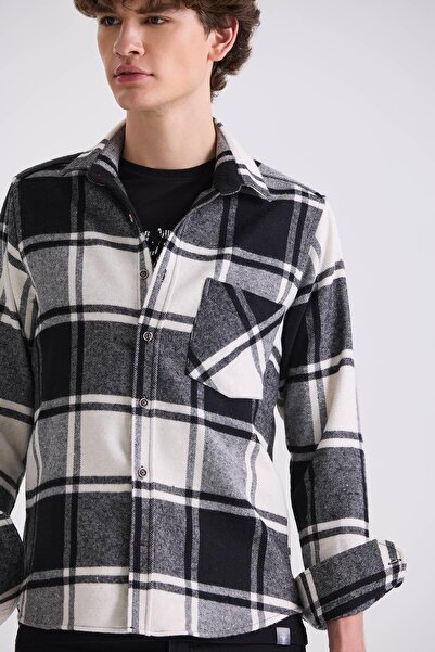 Jakamen Μαύρο πουκάμισο ξυλοκόπο με καρό βαμβακερό μοτίβο με τσέπες