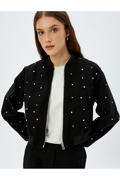Koton Bunda Crop Stoned Bomber Bunda s okrúhlym výstrihom a vreckom na zips
