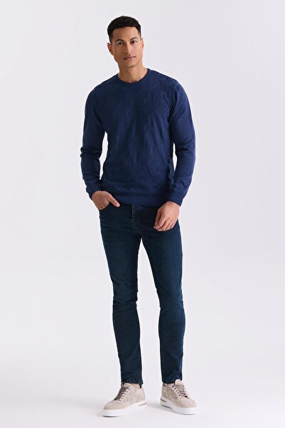Jakamen Indigo Slim Fit Crew Neck Patterned Knitwear Sweater