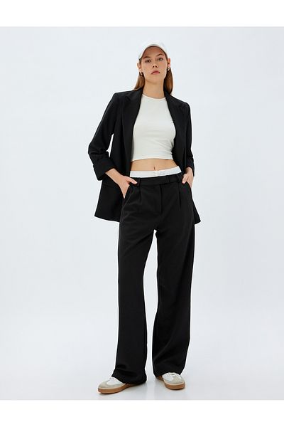 Koton Crepe Scuba Fabric Wide Leg Trousers with Pockets - Double Waist Detail