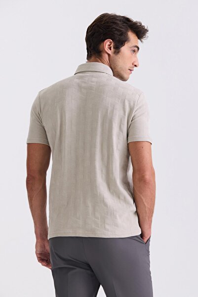 Jakamen Beige Slim Fit Patterned Polo Neck T-Shirt