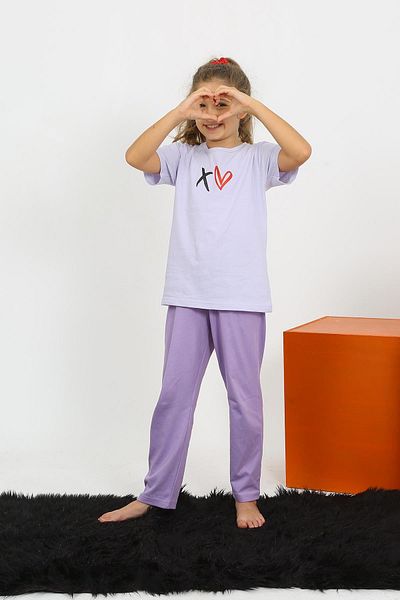 Akbeniz Lilac Short Sleeve Combed Cotton Girl's Pajama Set - 20432
