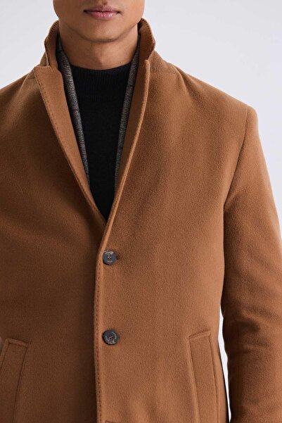 Jakamen Tan Comfort Fit Mono Collar Side Pocket Stamp Coat