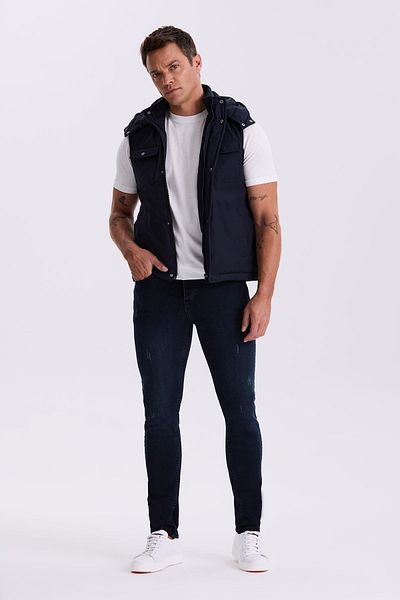 Jakamen Navy Blue Comfort Fit Pocket Hooded Relaxed Cut Safari Vest