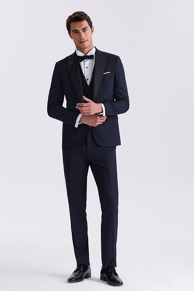 Jakamen Navy Blue Slim Fit Pointed Collar Vest Tuxedo Suit