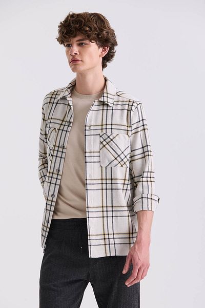 Jakamen Stone over Size Loose Cut Plaid Patterned Cotton Pocket Lumberjack Shirt