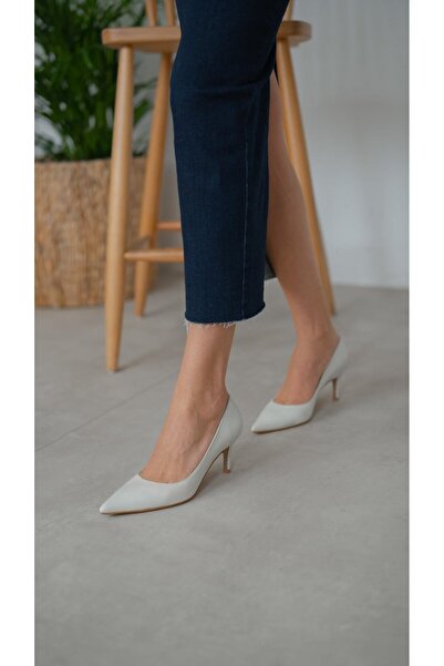 ECENİN BUTİĞİ Brant Ekru Hakiki Deri Topuklu Ayakkabı