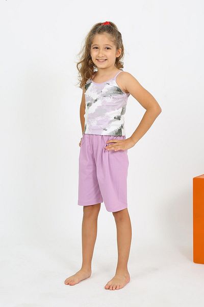 Akbeniz Lilac Combed Cotton Girl's Pajama Set - Rope Strap Shorts 20430