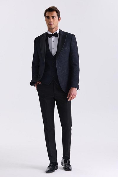 Jakamen Dark Navy Slim Fit Pointed Collar Vest Tuxedo Suit