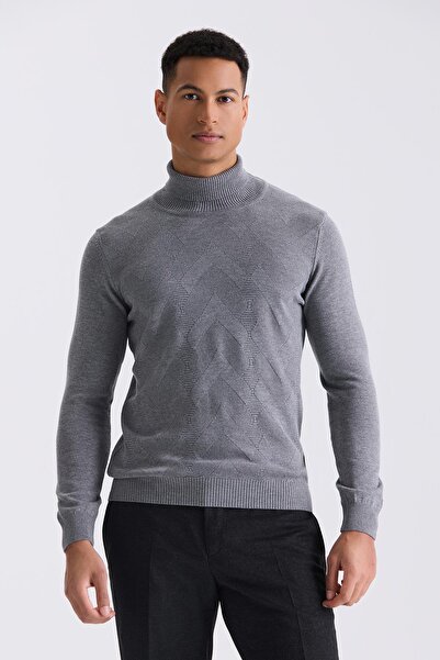 Jakamen Gray Slim Fit Full Turtleneck Patterned Sweater Sweater