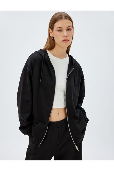 Koton Long Sleeve Three Thread Cotton Zipper Hooded Sweatshirt