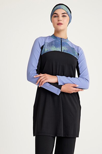 Plistre 2238_Σετ μαγιό Hijab με εμπριμέ φερμουάρ και λεπτομέρεια