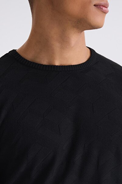 Jakamen Black Slim Fit Crew Neck Patterned Knitwear Sweater
