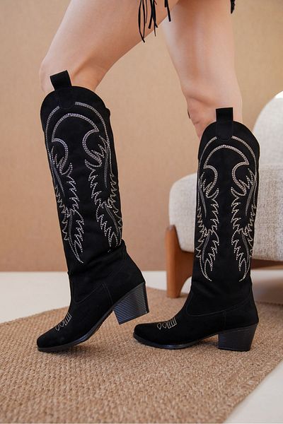 MODAADAM Cizme de cowboy Rendon de damă - piele intoarsa neagra