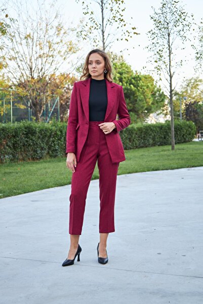 LOVELF Tek Düğme Yün Efekt Takım Bordo
