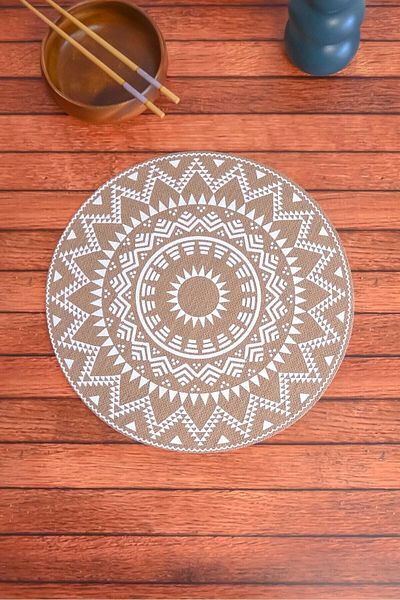 AVANTAGE HOME Ethnic - 6 Pieces Jute Hand Printed Round Tableware Presentation Plate Base Charger American Service 38 Cm
