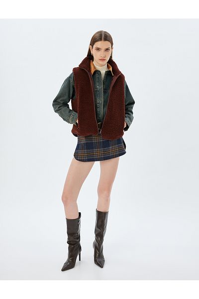 Koton Zippered Stand Collar Plush Vest with Pockets