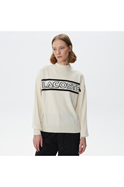 Lacoste Kadın Regular Fit Dik Yaka Baskılı Beyaz Kazak