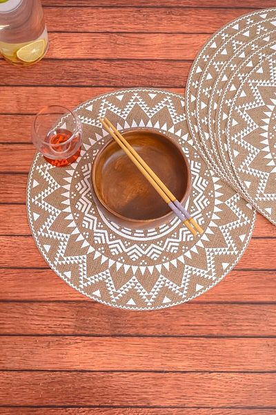 AVANTAGE HOME Ethnic - 6 Pieces Jute Hand Printed Round Tableware Presentation Plate Base Charger American Service 38 Cm