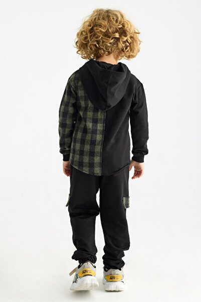 zepkids Hooded Long Sleeve Plaid Pocket Khaki Color Boy's Tracksuit Set
