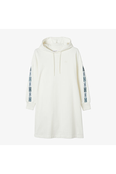 Lacoste Kadın Loose Fit Truvakar Kollu Kapüşonlu Baskılı Beyaz Elbise