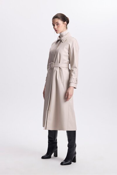 Zühre Kol Detaylı Kemerli Deri Taş Trençkot 13518