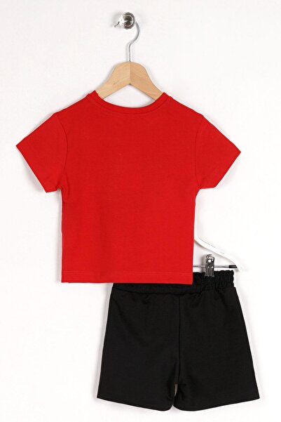 zepkids Crew Neck Short Sleeve Box Text Printed Pocket Detailed Red Color Boy's Shorts Set