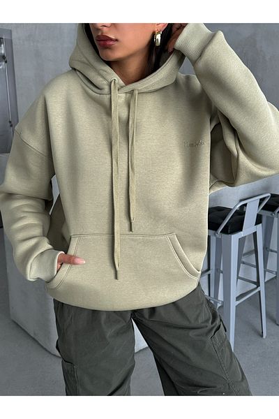 Cappmoda SWT-14266 Χακί καθαρό λευκό κείμενο με κουκούλα με τρεις κλωστές ράστερ φούτερ